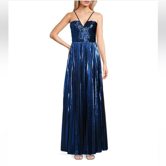 GB Social Pleated Metallic Split Neck Long Dress - Picture 2 of 5